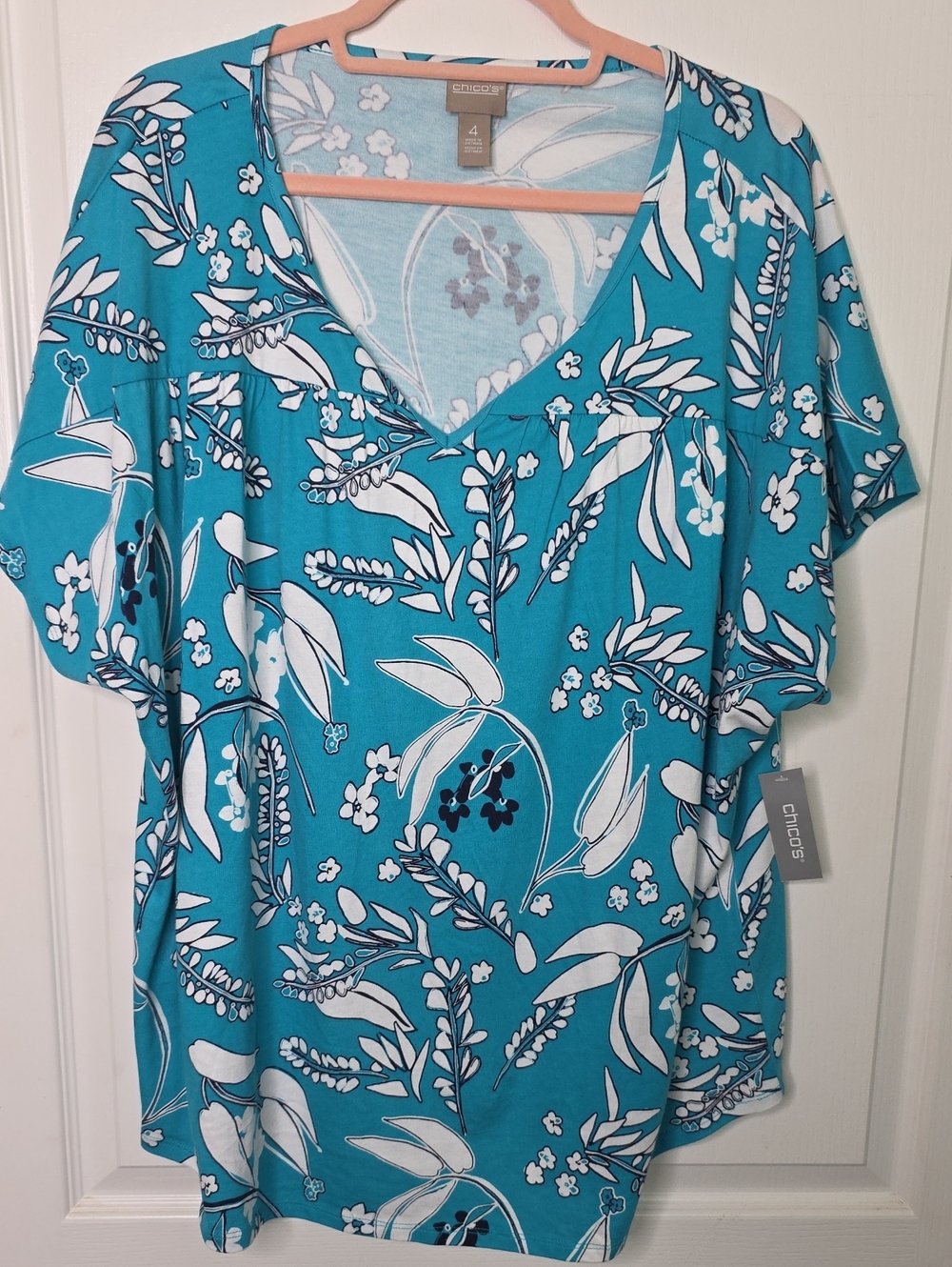 Chico's Plus Size 4 20 Turquoise Floral V-Neck Tunic Top NWT